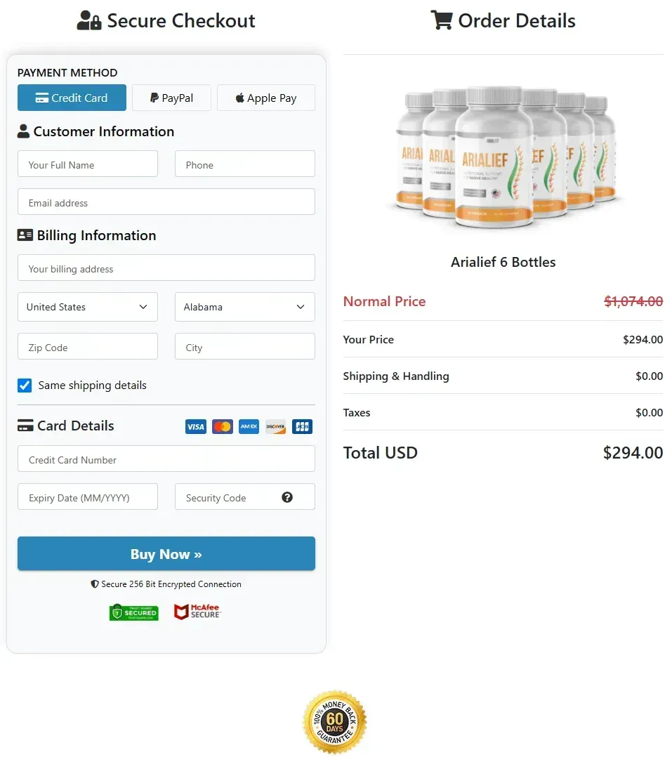 Arialief secure checkout order page preview